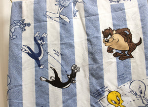 Vintage 1996 -The Bibb Company,  Looney Tunes 3 PC Sheet Set (2 Flat, 1 Fitted) Blue & White Stripe w/ Characters - Size: Single