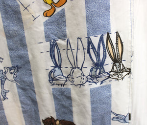 Vintage 1996 -The Bibb Company,  Looney Tunes 3 PC Sheet Set (2 Flat, 1 Fitted) Blue & White Stripe w/ Characters - Size: Single