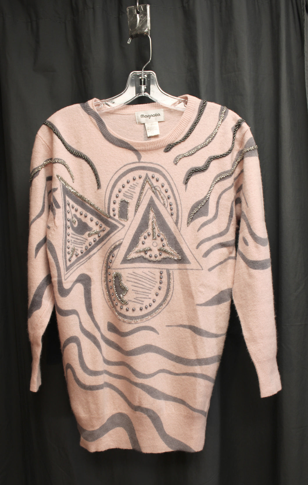 Vintage - Magnolia - Light Dusty Pink Graphic w/ Beading Wool & Angora Blend Tunic Pullover Sweater - Size S