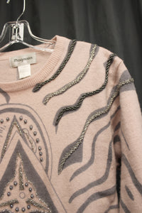 Vintage - Magnolia - Light Dusty Pink Graphic w/ Beading Wool & Angora Blend Tunic Pullover Sweater - Size S