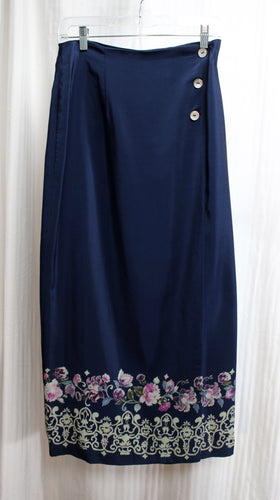 Casual Corner  - Navy 100% Silk, Long Wrap Skirt w/ Floral Print Hem Border - Size 8