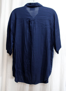 Vintage - Separate Issue - Navy Blue Short Sleeve Drop Shoulders Button Front Shirt w Flap Pockets - Size L