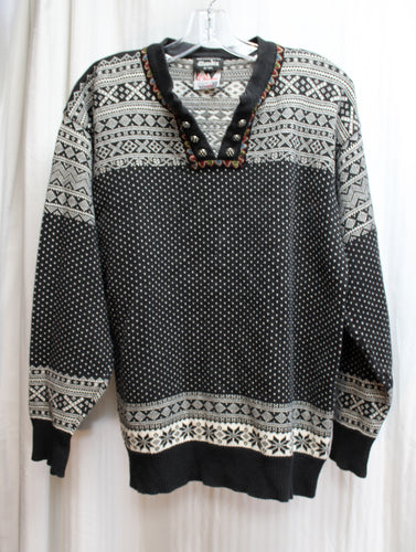 Dale of Norway for Skandia of Vail,  Black & White Fair Isle, Pullover Sweater w/ V-neck & Unique Spike Shield Decorative Buttons - See Measurements 19