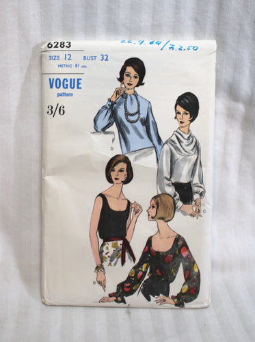 Vintage - Vogue Pattern 6283 - Blouse - 3/6 Size 12 - Sewing Pattern