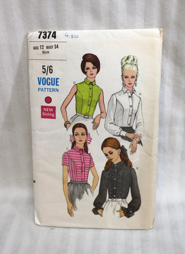 Vintage - Vogue Pattern - Misses Shirtblouse -  7374 5/6 Size 12 - Sewing Pattern