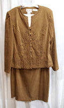 Load image into Gallery viewer, Vintage - Karin Stevens - Faux Brown Suede w/ Embroidery Jacket &amp; Matching Midi Pencil Skirt - Size 14 (See Measurements)