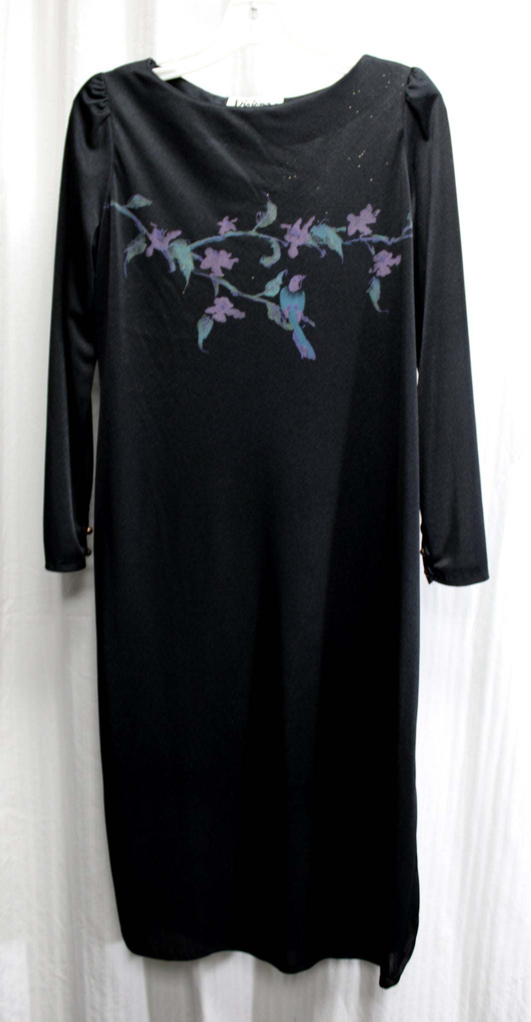 Vintage- California Visionz - Black Long Sleeve Sheath Slinky Dress w/ Bird & Floral Print on Chest - See Measurements 14