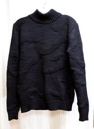 Men's - S.N.S Herning - Virgin Wool, Black Turtle Neck, Textured Fishermans Sweater - Size S