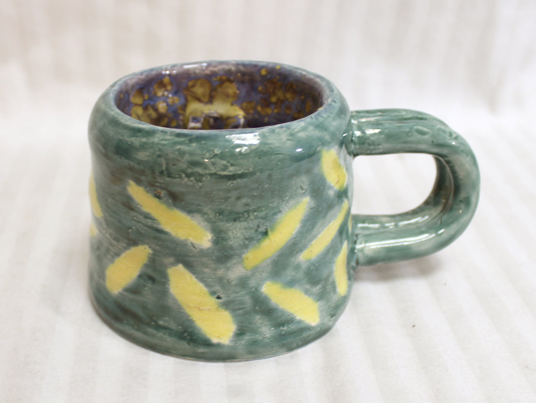 Unique, Green & Yellow Handmade & Painted Tea Mug w/ Inside Teabag Holder