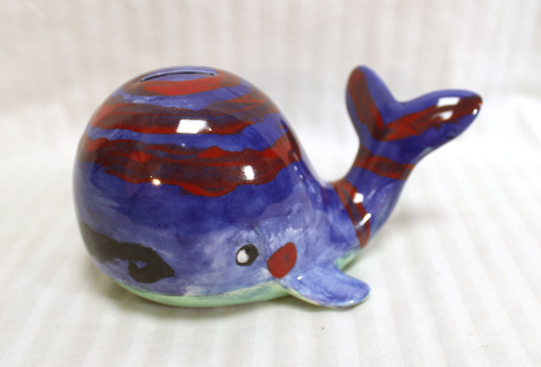 Hand Painted Ceramic Whale w/ Mustache Coin Bank - 8