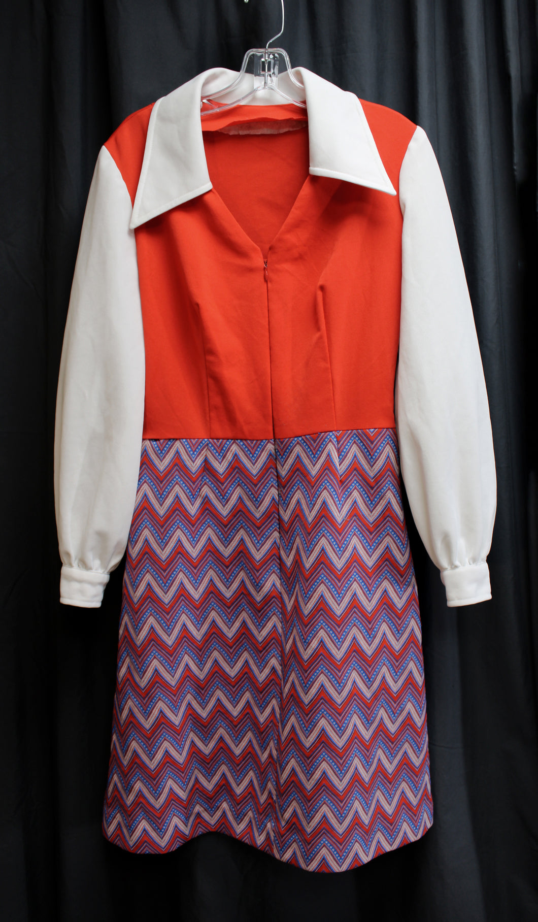 Vintage 60's/70's - Handmade - V-Neck w/ Collar, Red, White & Blue Midi Dress w/ Chevron Print Skirt - See Measurements 28