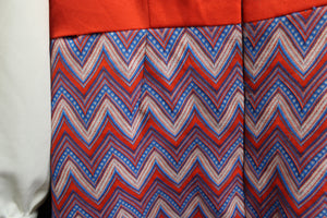 Vintage 60's/70's - Handmade - V-Neck w/ Collar, Red, White & Blue Midi Dress w/ Chevron Print Skirt - See Measurements 28" Waist