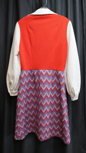 Vintage 60's/70's - Handmade - V-Neck w/ Collar, Red, White & Blue Midi Dress w/ Chevron Print Skirt - See Measurements 28" Waist