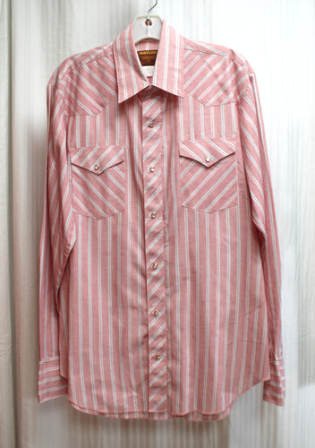 Men's Vintage - Rustler - X-Long Tails. Long Sleeve Red, White & Gray Stripe Snap Western Shirt - Size 16-32/33