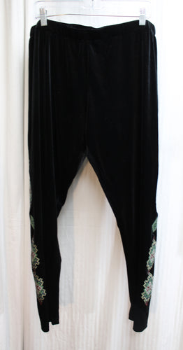 Pyramid Collection - Black High Waisted Stretch Velvet Leggings w/ Bohemian Cross Stitch Embroidered Sides - Size 1X