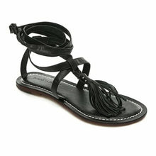 Load image into Gallery viewer, Bernardo - &quot;Mosie&quot; Black Leather Flat Thong Ankle Wrap Tie Sandals w/ Tassel Size 6M (in Box)