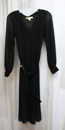 Michael, Michael Kors - Black V-Neck, Sheer Sleeves & Back, Button Front Dress w/ Belt - Size XS