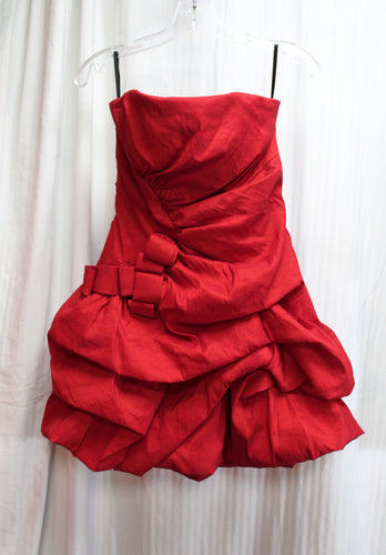 Vintage 80's - Jessica McClintock - Red Strapless Tiered Draped Bubble Skirt Mini Dress - Size S (Approx Vintage , See Measurements)