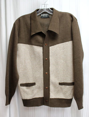 Men's Vintage 1960's -Kirim-  Brown & Cream, Collared Button Front Cardigan Sweater w/ Unique Square Buttons - Size M (Approx, See Measurements)