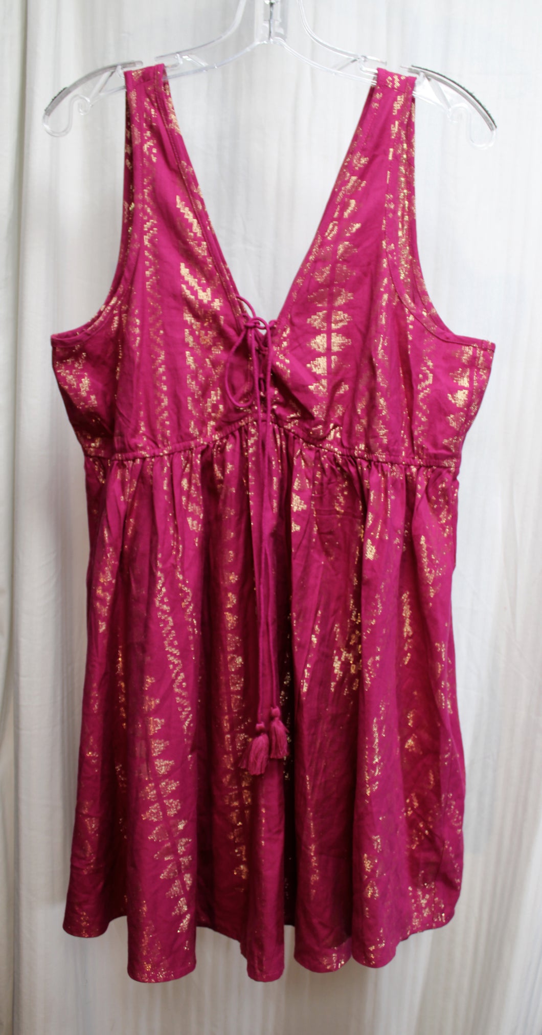 Shyanne, Country Wear - Magenta & Gold Metallic, Lace Up V-Neckline Baby Dol Mini Dress - Size M