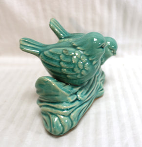 Love Birds on a Brand - Teal Glazed Ceramic Statuette Decor