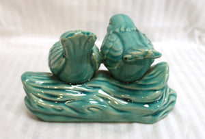 Love Birds on a Brand - Teal Glazed Ceramic Statuette Decor