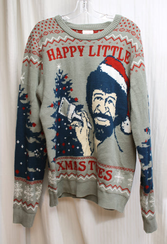 Bob Ross - Happy Little Xmas Trees, Gray Holiday Sweater - Size L