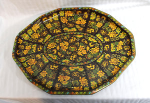 Vintage 70's - Daher Decorated Ware Brown, Green & Yellow Floral Tin Tray- 17.75"