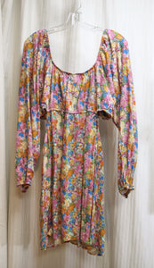 Wild Fable - Long Sleeve Scoop Neck, Peek-a-Boo SIdes Water Color Floral Rayon/Linen Mini Dress - Size 2X