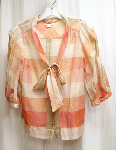 Maeve - Cotton/Silk Blend, Oranges, Tan & Cream. 1/2 Sleeve Neck Bow Blouse - Size 0