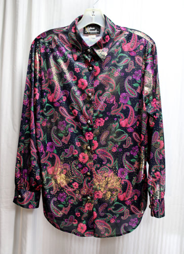 Vintage - Silver Threads- Black & Colorful Floral Paisley w/ Metallic Gold Over Pattern Blouse- Size S