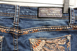 Grace in LA- Boot Cut Blue Jeans w/ Feather Embroidery in Browns- Size 31